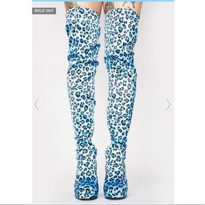 BNIB Sugar Thrillz Deep Wrath of Wifey Blue Leopard Thigh High Boots, Sz US 8